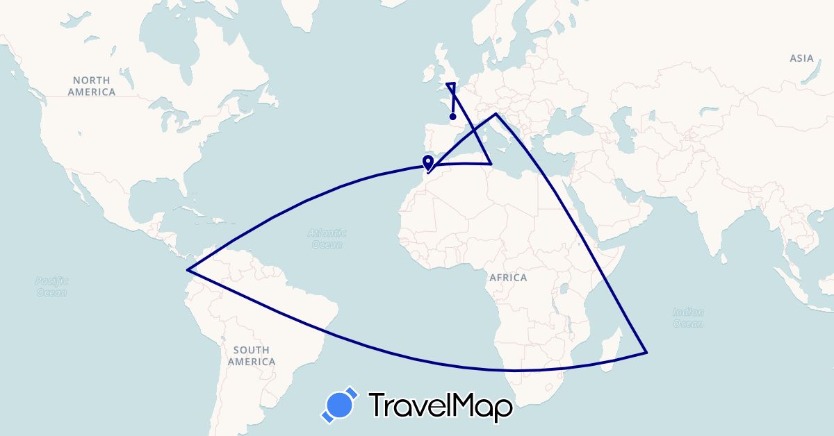 TravelMap itinerary: driving in France, United Kingdom, Italy, Morocco, Mauritius, Tunisia (Africa, Europe)